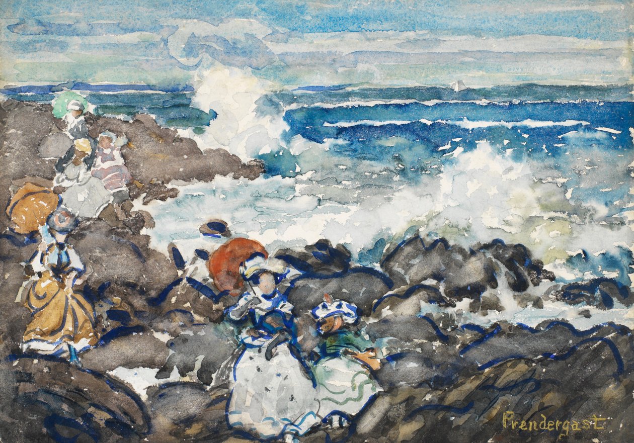 Stenar och vågor och figurer (wc på papper) av Maurice Brazil Prendergast