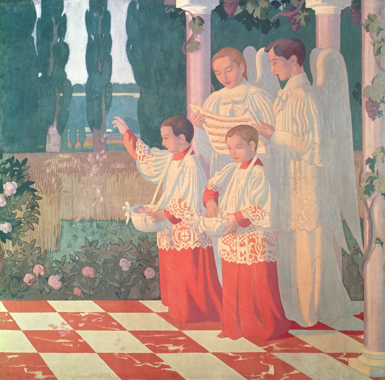 Upphöjelse av det heliga korset och förhärligandet av mässan, högra sidan av centralpanelen på en altartavla från Chapelle du College Sainte-Croix du Vesinet, 1899 av Maurice Denis