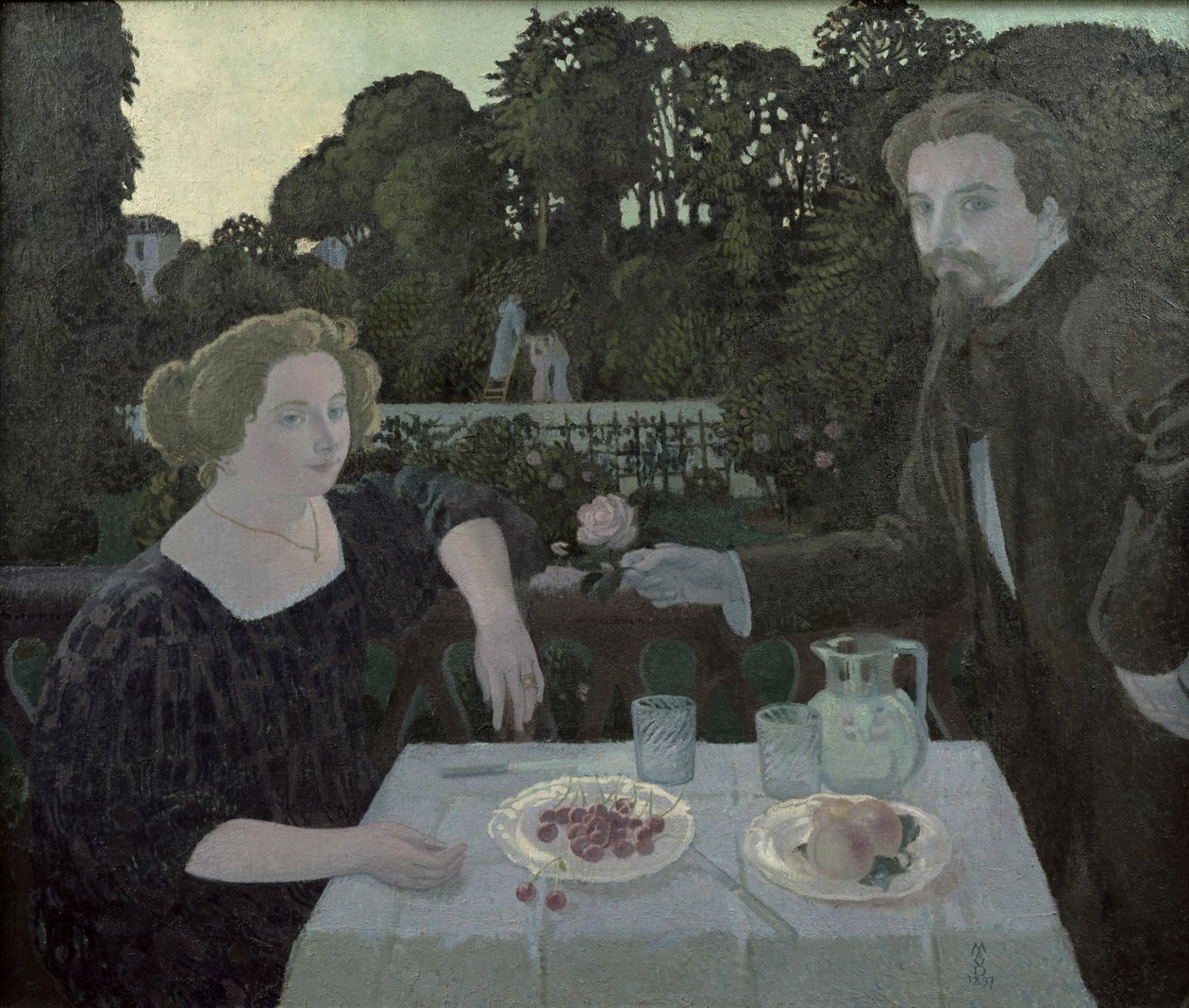 Marthe (1871-1919) och Maurice Denis (1870-1943) i skymningen, eller efterrätten i trädgården, 1897 av Maurice Denis