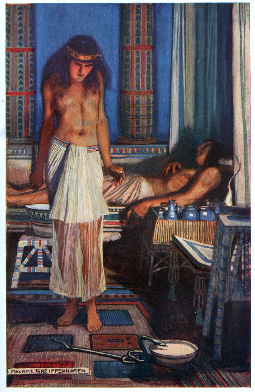 Luring the Doom Serpent, illustration från "Egyptian Myth and Legend", utgiven av Gresham Publishing, Co. av Maurice Greiffenhagen