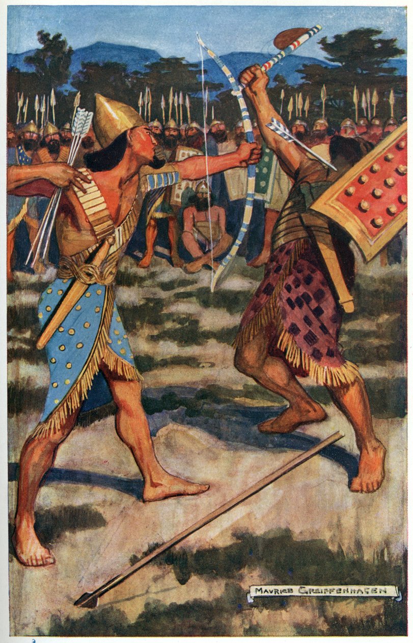 Senuhet Slays the Warrior of Tonu, illustration från "Egyptian Myth and Legend", publicerad av Gresham Publishing, Co. av Maurice Greiffenhagen