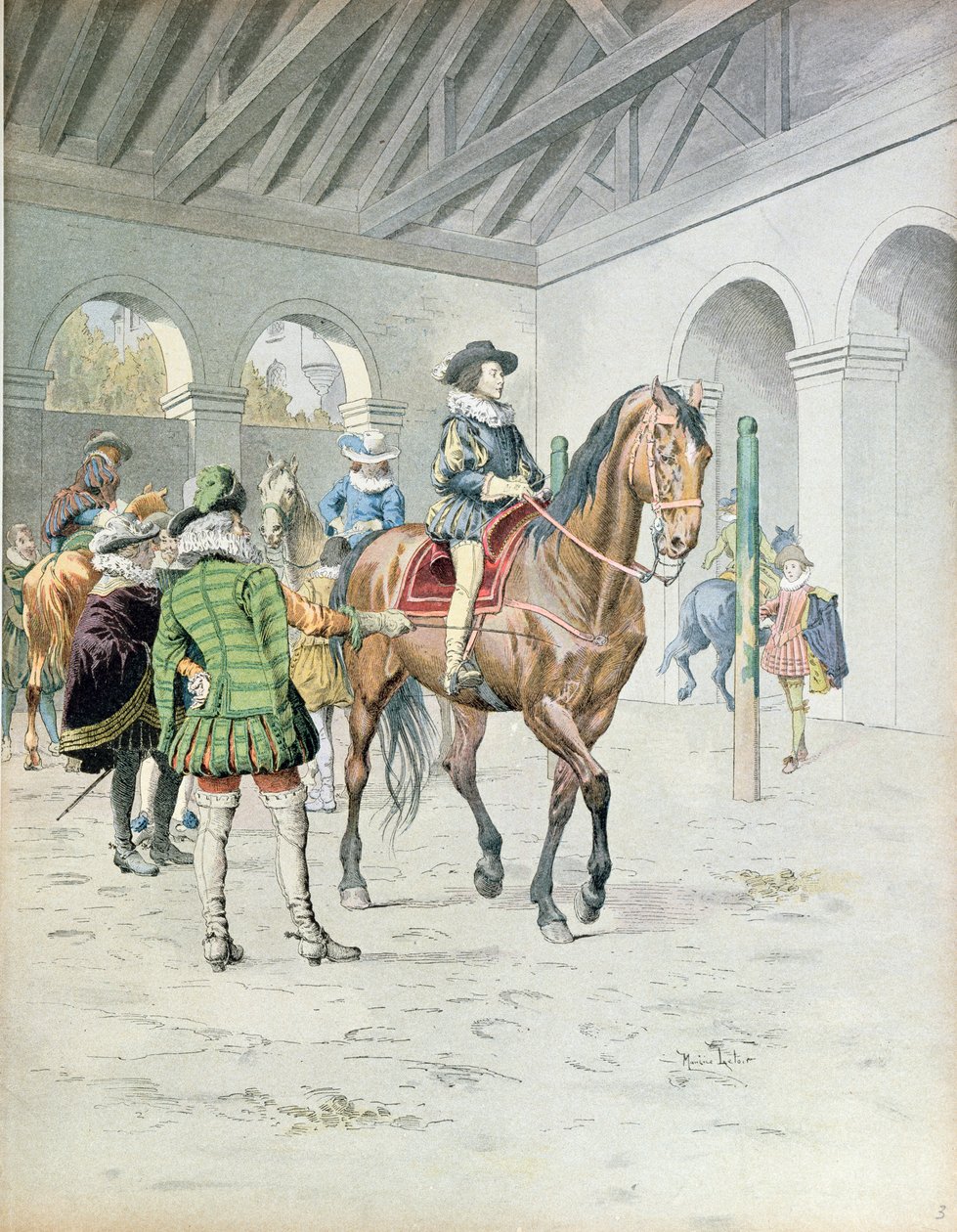 Armand-Jean du Plessis, kardinal Richelieu (1585-1642) lär sig rida en häst, illustration från Richelieus liv av Theodore Camu, 1910 av Maurice Leloir