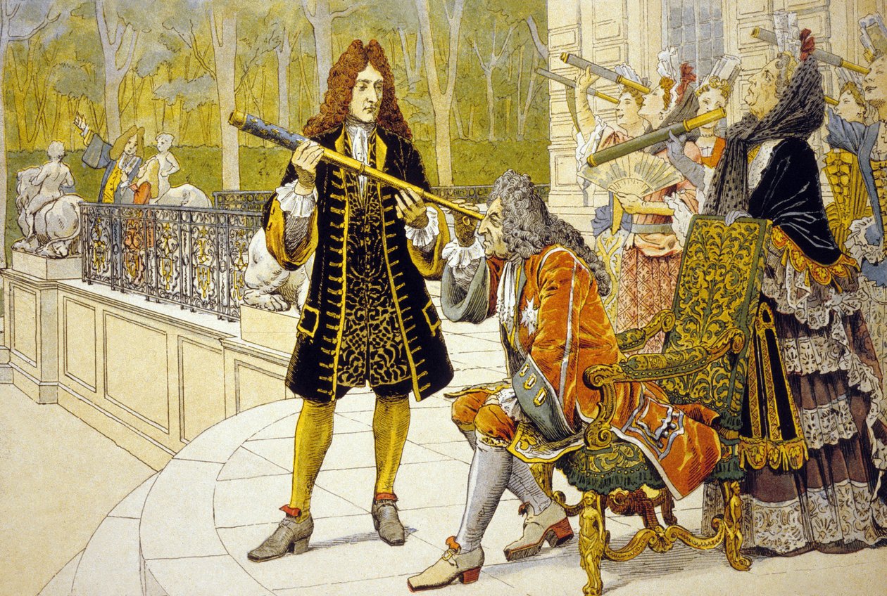 Ludvig XIV och Jacques Cassini färglitografi av Maurice Leloir