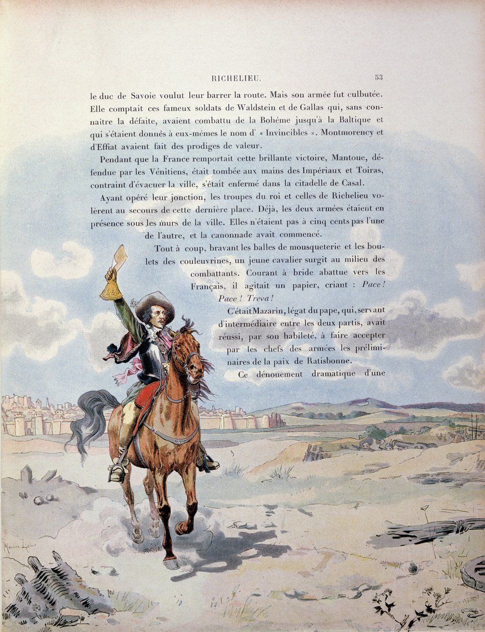 Den påvliga legaten Giulio Mazarini (1602-61) ingriper mellan de spanska och påvliga trupperna som konfronterar den franska armén vid belägringen av Casal, Norditalien, illustration från livet. av Maurice Leloir