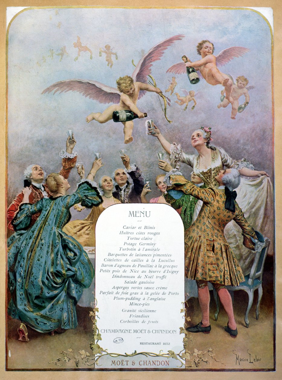 Ritz Restaurant-meny, föreställande en grupp eleganta män och kvinnor från 1700-talet som dricker champagne serverad av keruber, 1910 av Maurice Leloir