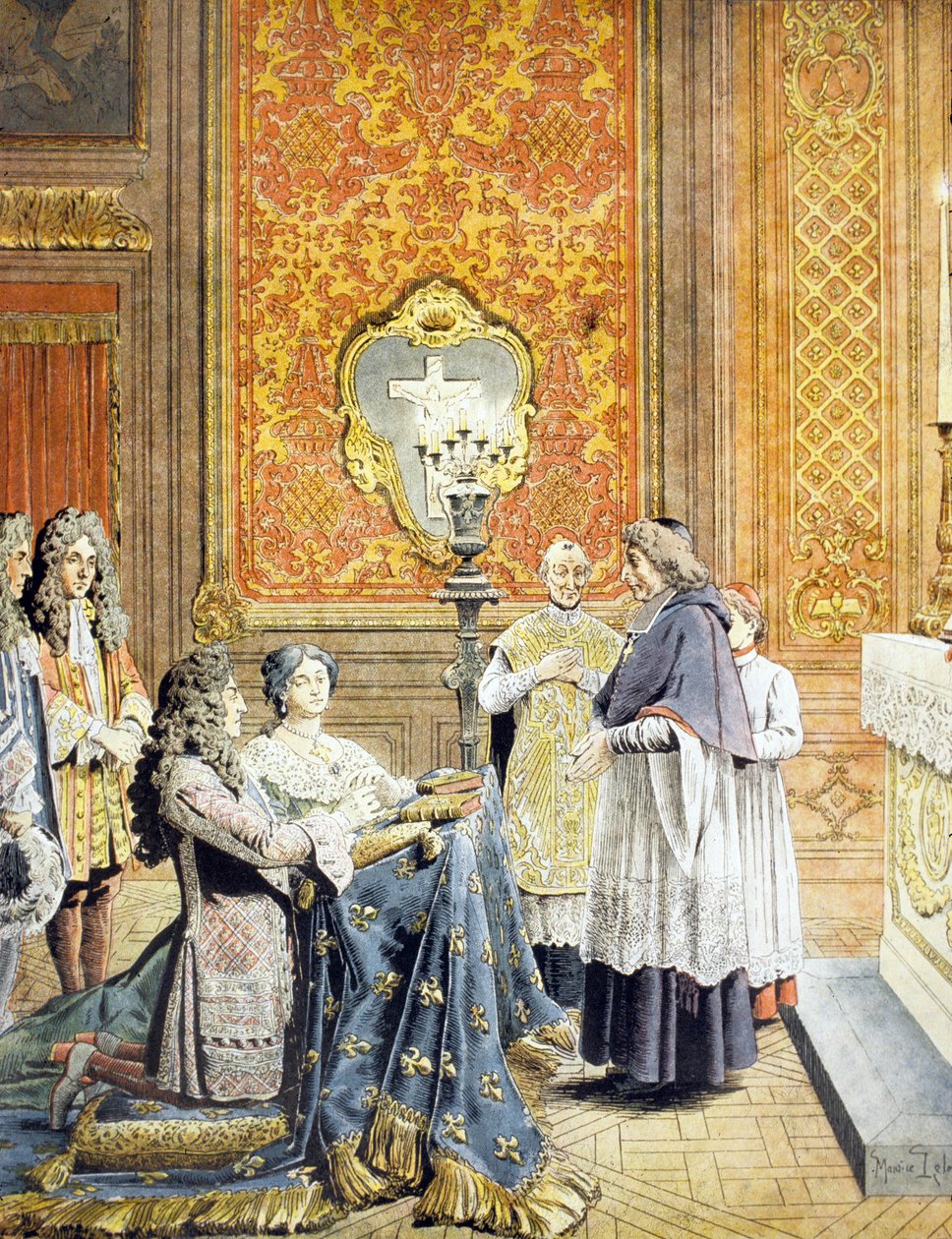 Hemligt bröllop mellan kung Ludvig XIV och Francoise dAubigne, Mme de Maintenon, 9-10 oktober 1683, av ärkebiskopen av Paris Francois Harlay de Champvallon och Pere Lachaise, i närvaro av Monseigneur av Maurice Leloir