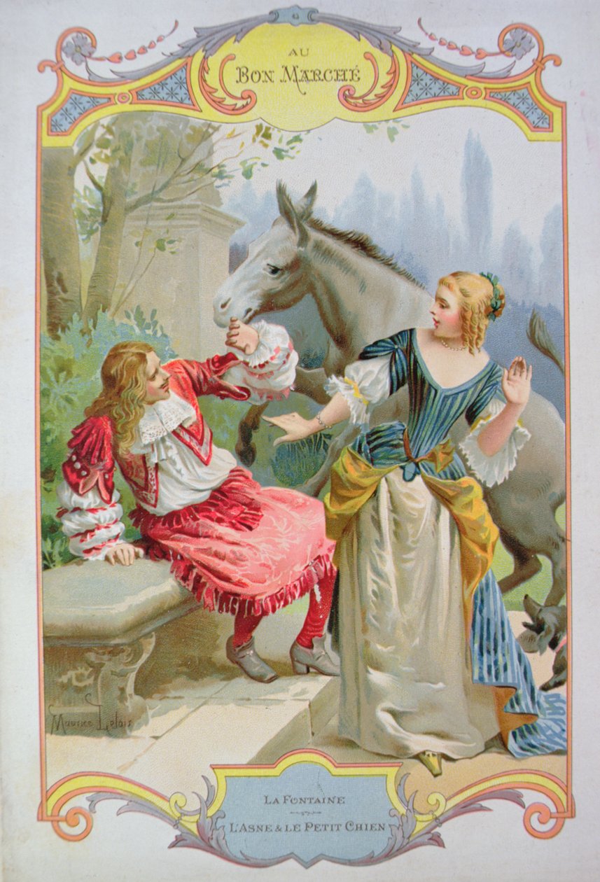 Åsnan och den lilla hunden, från Fables av Jean de La Fontaine (1621-95), reklam för varuhuset Au Bon Marche av Maurice Leloir
