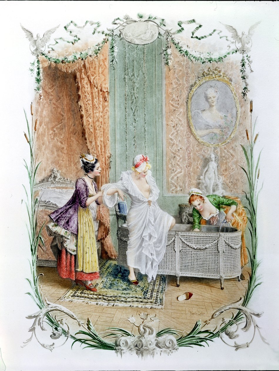 Morgonbadet, illustration av det eleganta parisiska livet under andra hälften av 1700-talet, ca 1890 av Maurice Leloir