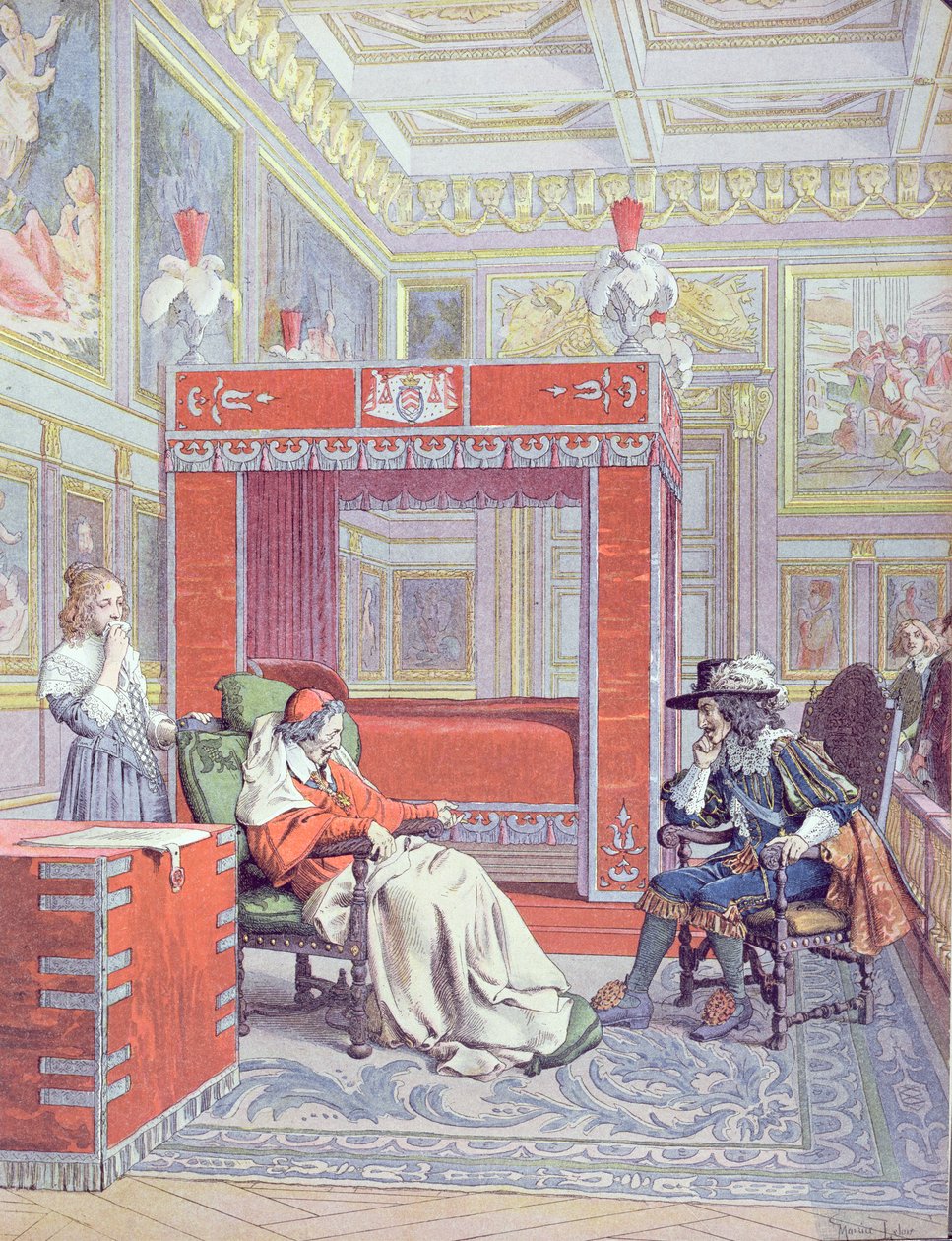 Armand-Jean du Plessis, kardinal Richelieu (1585-1642), död, illustration från ett liv om Richelieu av Theodore Camu, 1910 av Maurice Leloir
