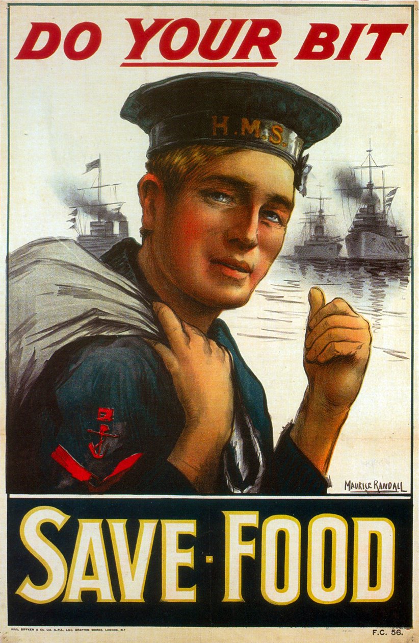 Affisch från första världskriget som uppmanar dig att göra din del - rädda maten 1917 (färglitografi) av Maurice Randall