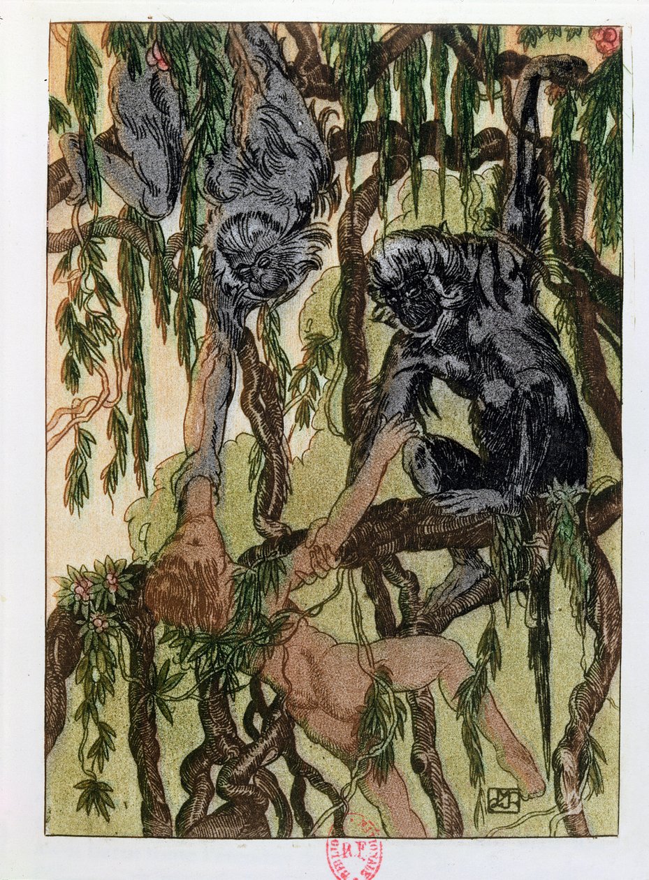 Mowgli och aporna, illustration från "Djungelboken" av Rudyard Kipling (1865-1936) publicerad i Paris, 1930 av Maurice de Becque