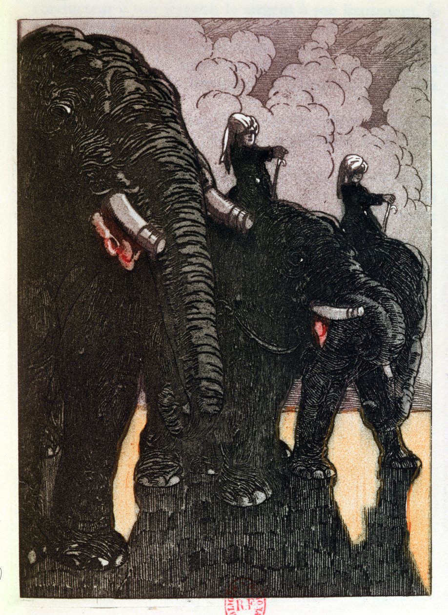 Drottningens vakt, illustration ur Djungelboken av Rudyard Kipling (1865-1936) publicerad i Paris 1930. av Maurice de Becque
