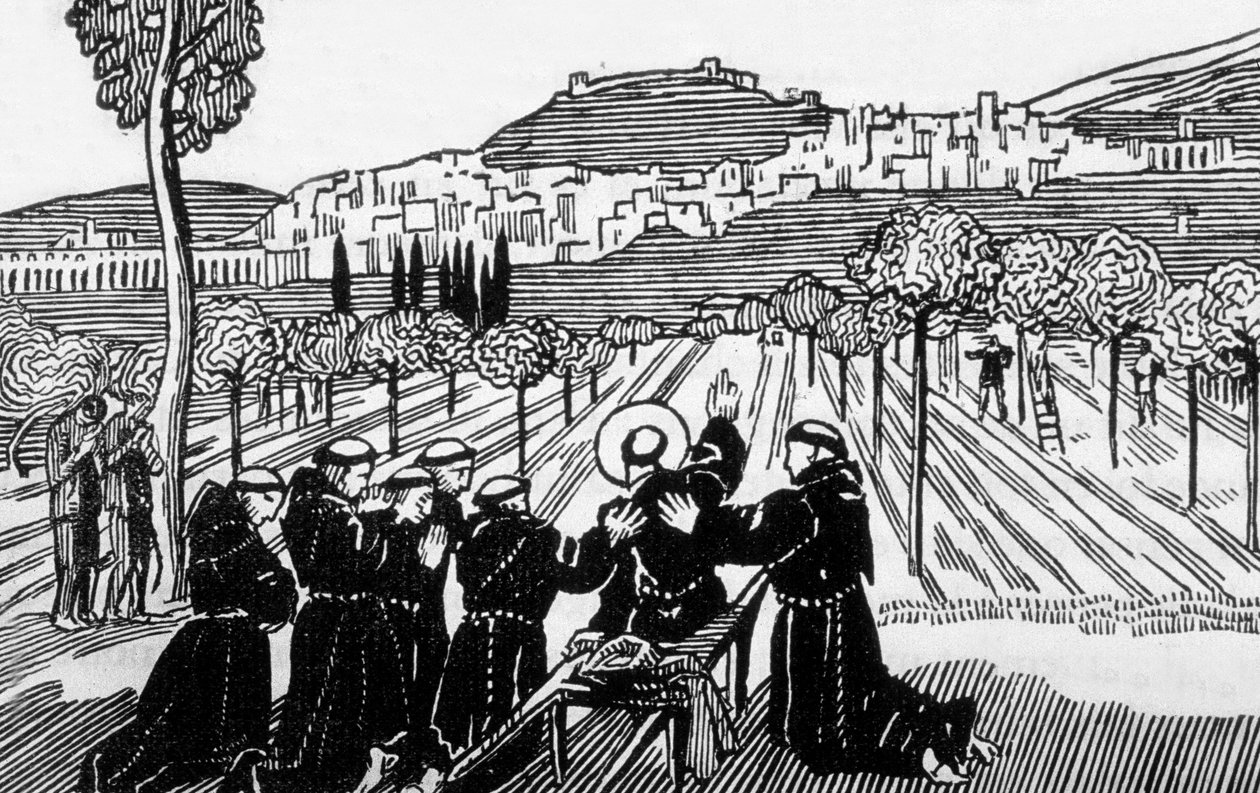 St Francis av Assisis död som välsignar staden Assisi, graverad av Jacques Beltrand efter teckning av Maurice Denis av Maurice (after) Denis
