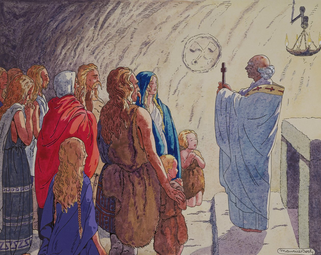 Gallernas religiösa omvändelse, ca 1920-29 (penna & bläck och akvarell på papper) av Maurice Berty