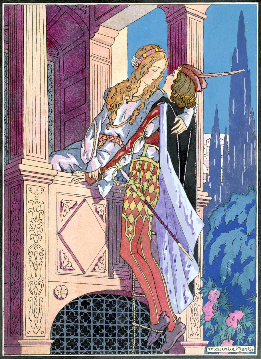 Romeo och Julia i balkongscenen, ca 1920 (färg litho) av Maurice Berty