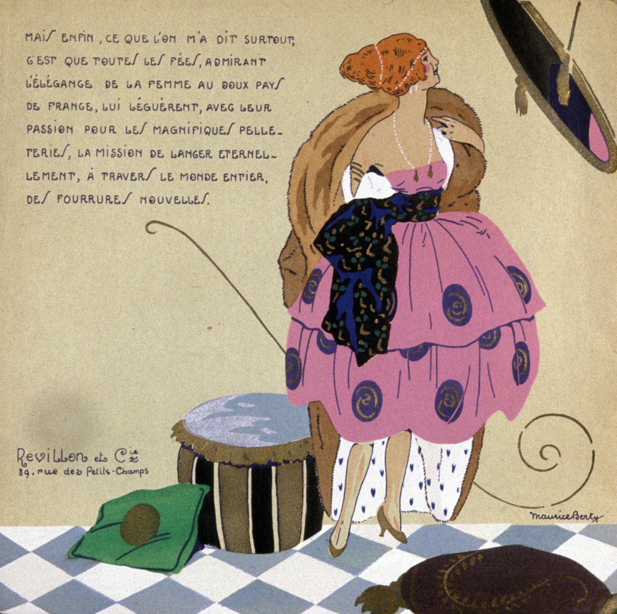 Kvinna framför sin spegel, reklam för Revillon-pälsar, ca. 1920-1930 (illustration) av Maurice Berty