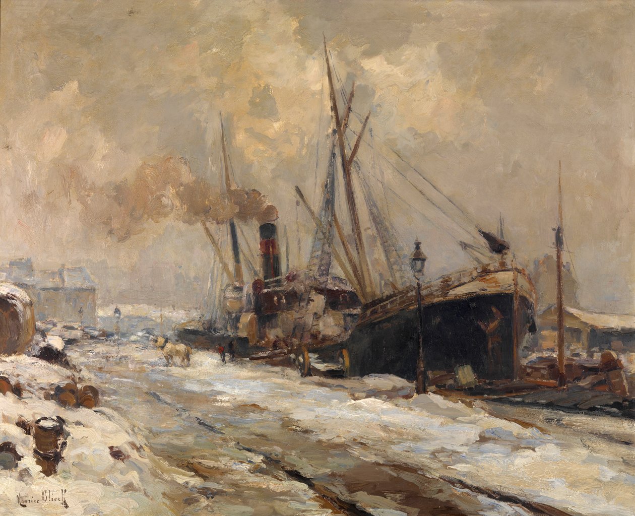 Antwerpens hamn på vintern (olja på duk) av Maurice Blieck