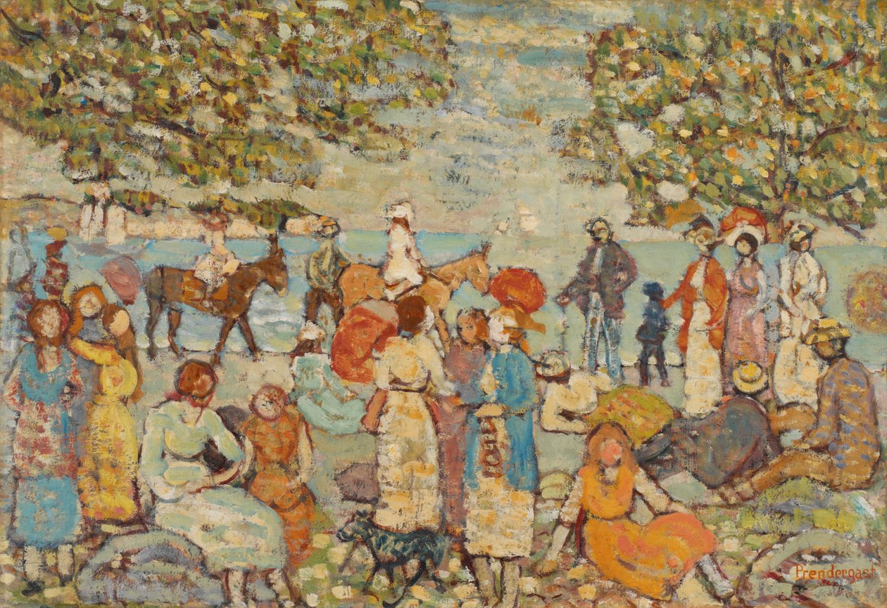 Strandscen med åsnor (eller mulor) av Maurice Brazil Prendergast