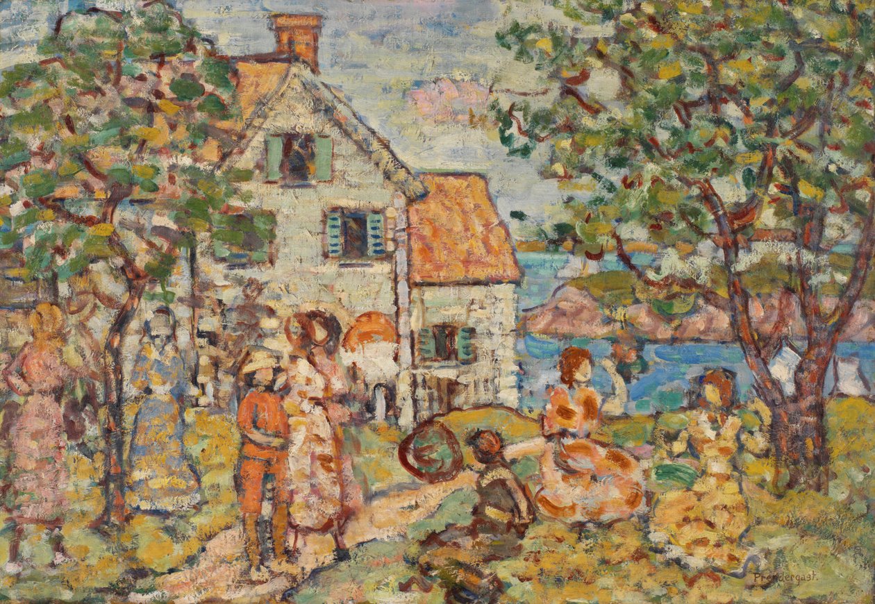 Strand och två hus av Maurice Brazil Prendergast