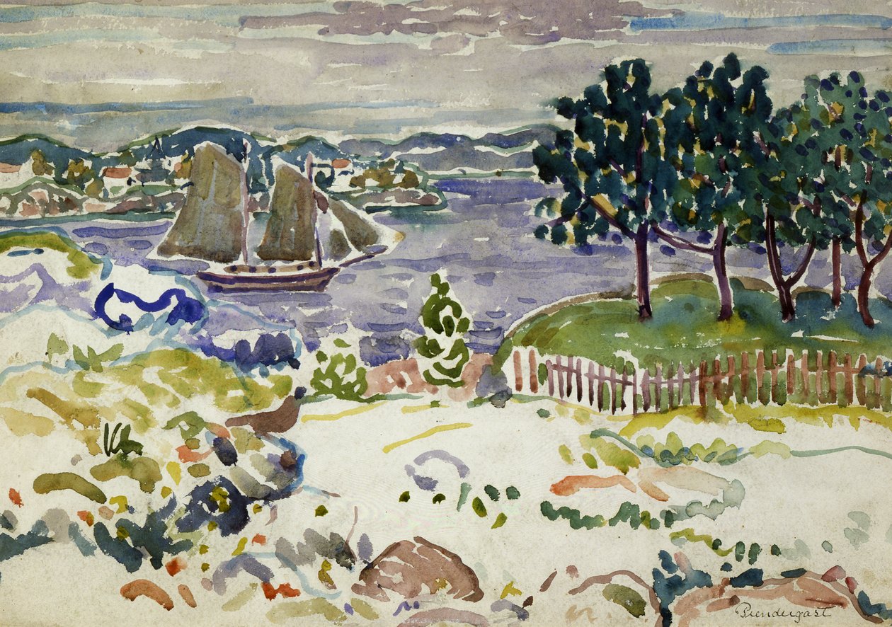 Inlopp med segelbåt, Maine, ca. 1913-1915. av Maurice Brazil Prendergast