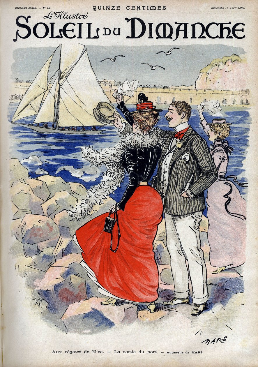 Vid regaten i Nice, utgången från hamnen. Från en Mars akvarell. Gravyr i "" Le sun-du-dimanche"", 18 april av Maurice Charles Mathieu Bonvoisin