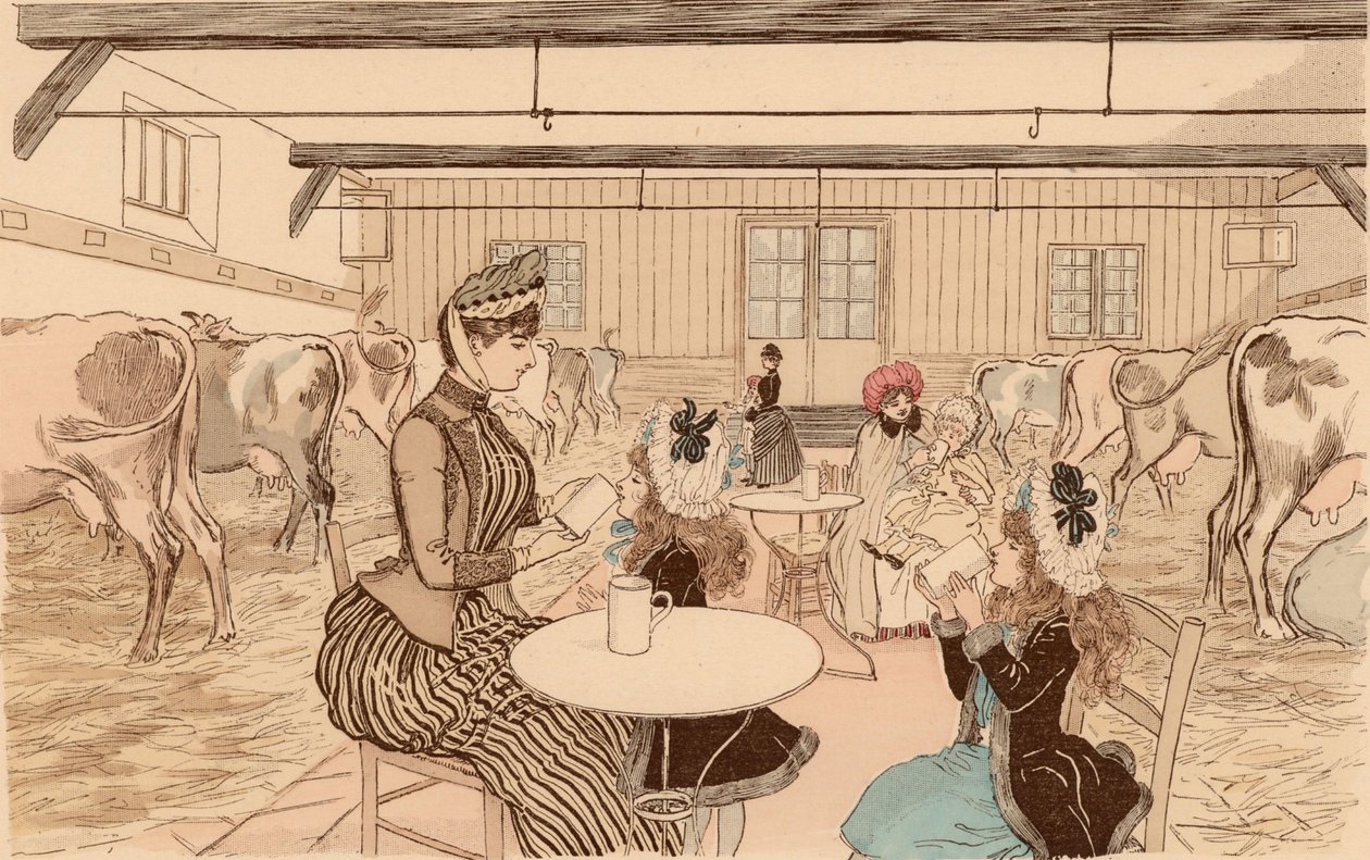Mödrar som tar sina barn till mejeri, Paris, Frankrike av Maurice Charles Mathieu (1849 1912) Bonvoisin