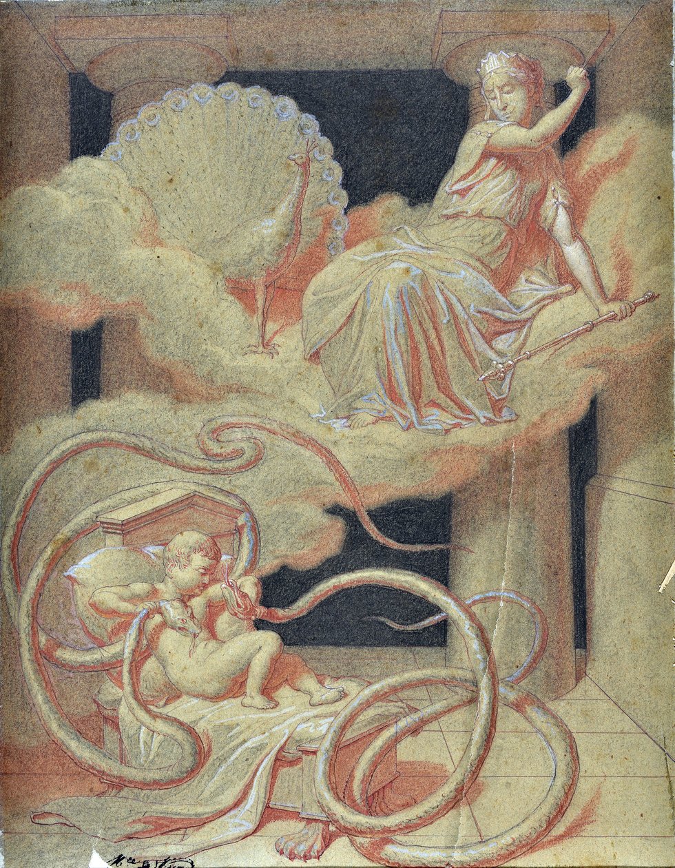 Herkules barn som dödar ormarna som Hera skickade för att döda honom i sin vagga (ritning) av Maurice De Vaines