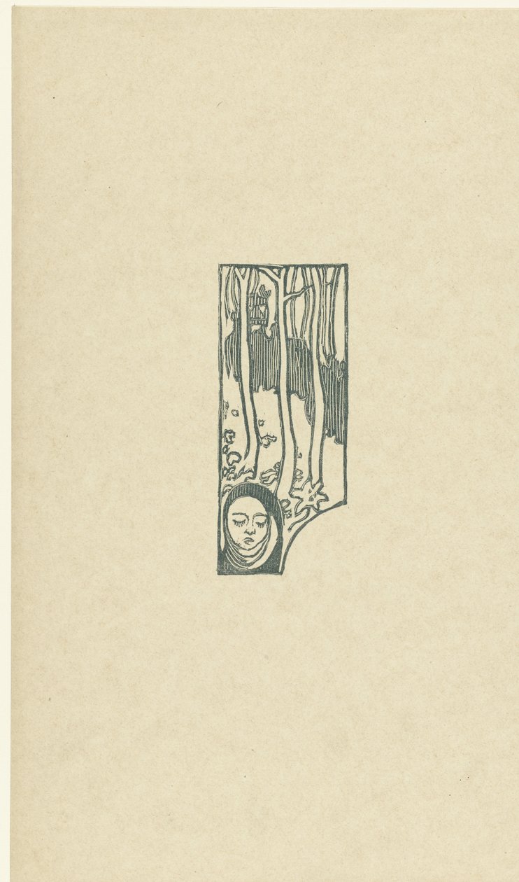 Illustration med huvudet på en kvinna med slutna ögon och träd med en dikt i diktsamlingen Sagesse av Paul Verlaine Petit bois pour Sagesse L