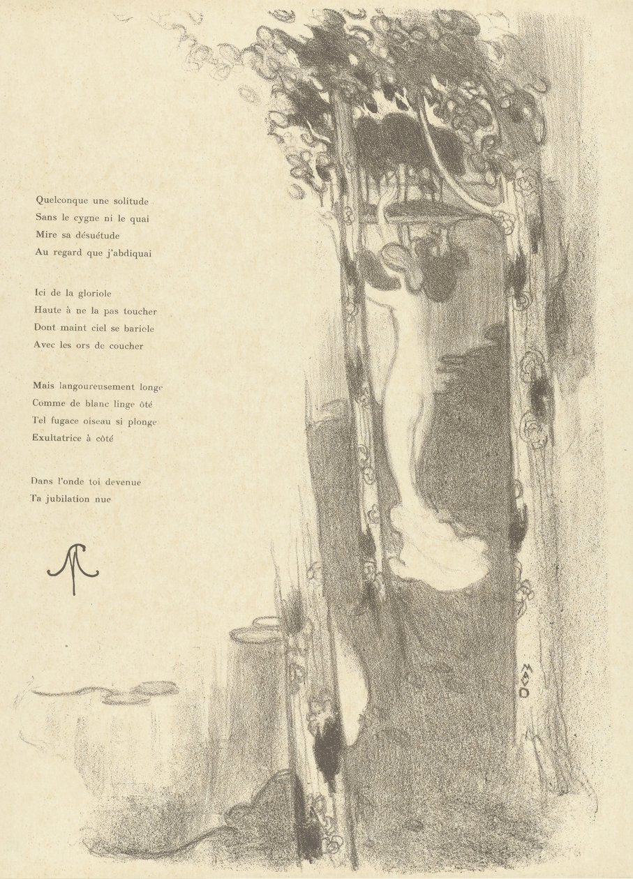 Illustration med stående naken kvinna mellan träd vid en sjö med dikten Petit Air av Stéphane Mallarmé Illustration för sonetten Petit Air av Stéphane Mallarmé L