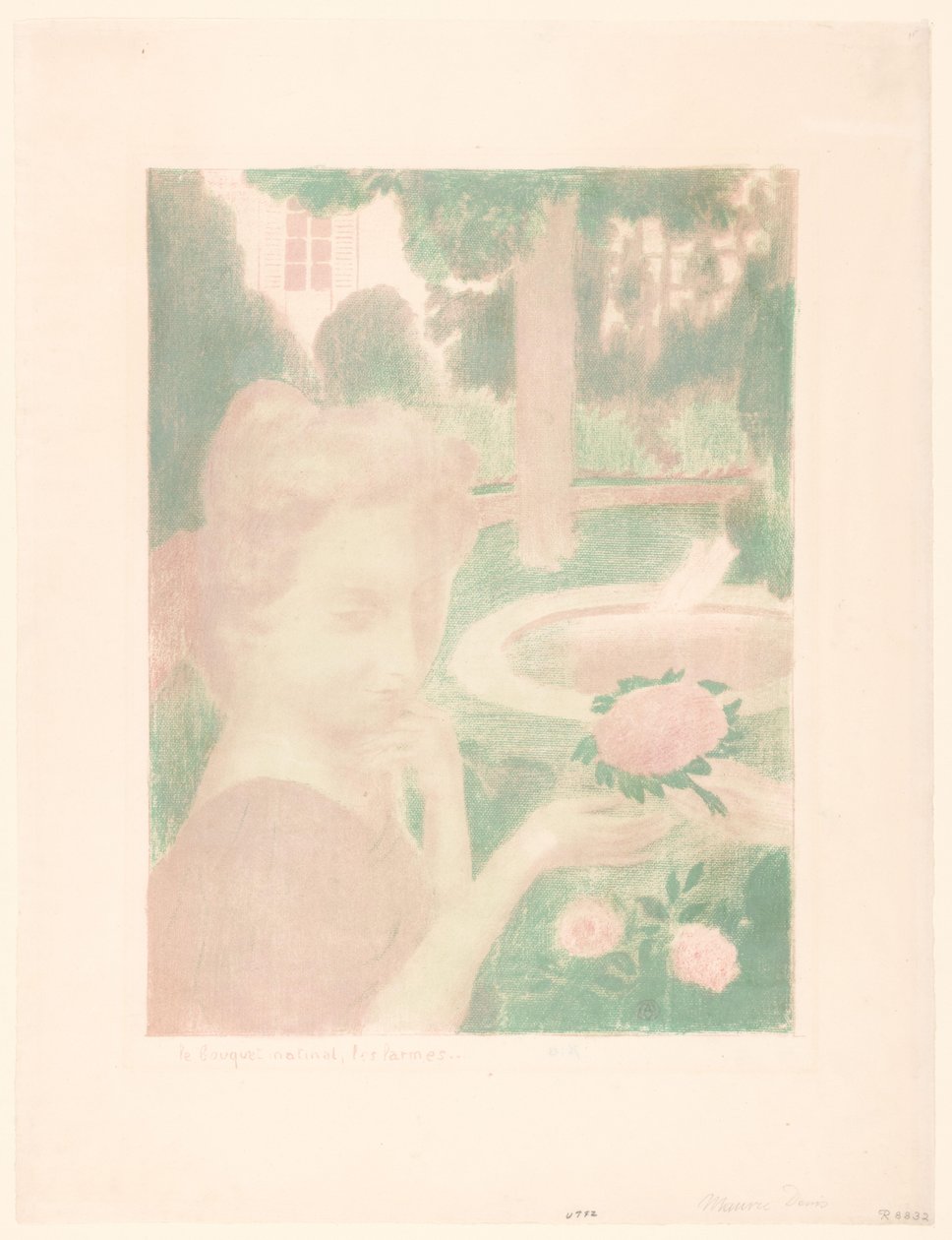 Ung kvinna tar emot blombukett i en trädgård Le bouquet matinal, les larmes... (titel på objekt) Representationer av kärlek (serietitel) Amour (serietitel) av Maurice Denis