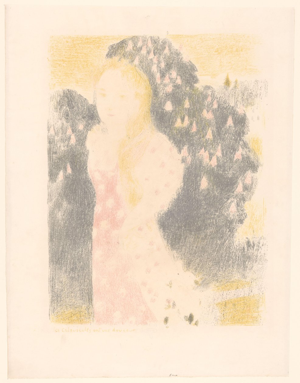 Flicka framför en blommande buske Les crépuscules ont une douceur (titel på objekt) Representationer av kärlek (serietitel) Amour (serietitel) av Maurice Denis