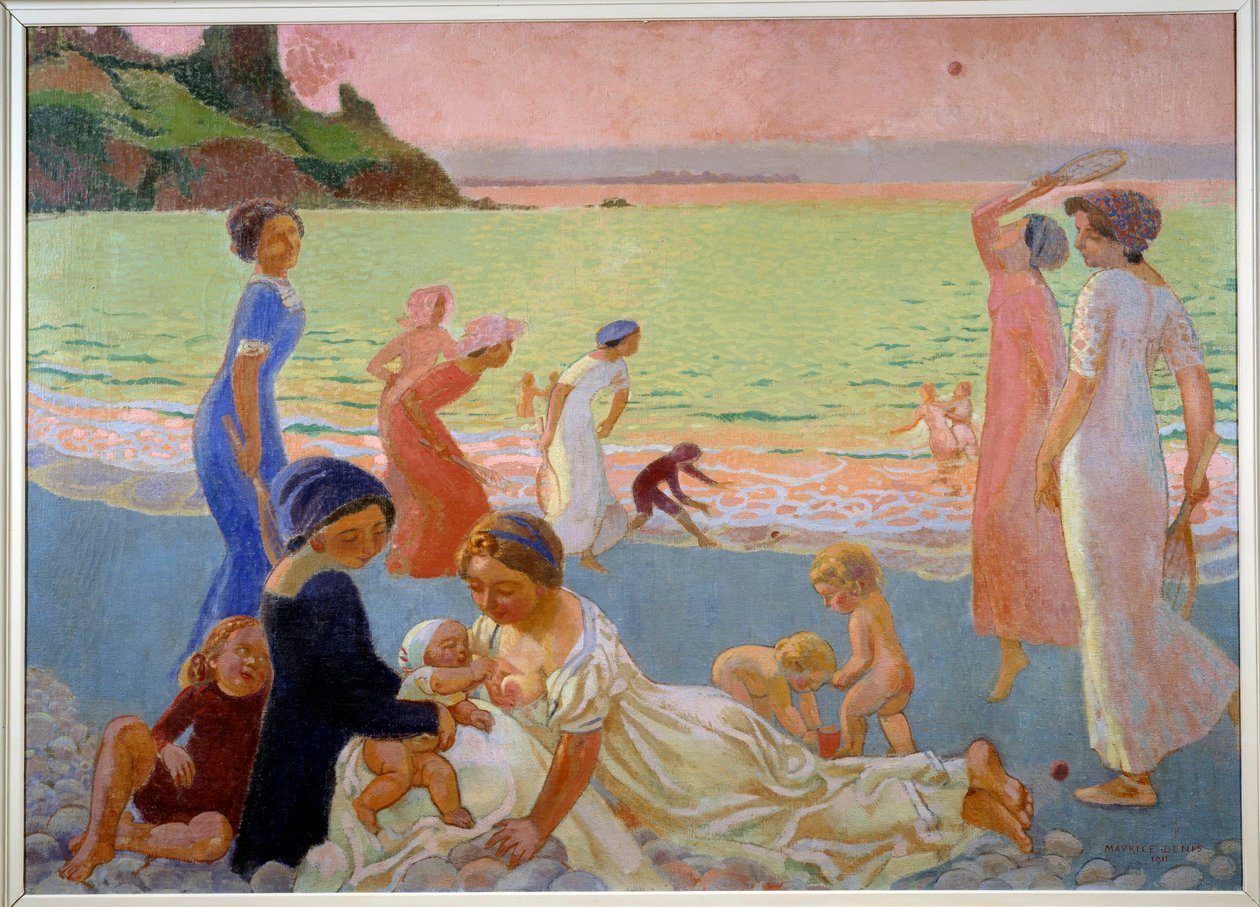 Septemberkväll Unga kvinnor och barn på stranden i slutet av dagen, mamma ammar, andra leker snöskor, 1911 (olja på duk) av Maurice Denis