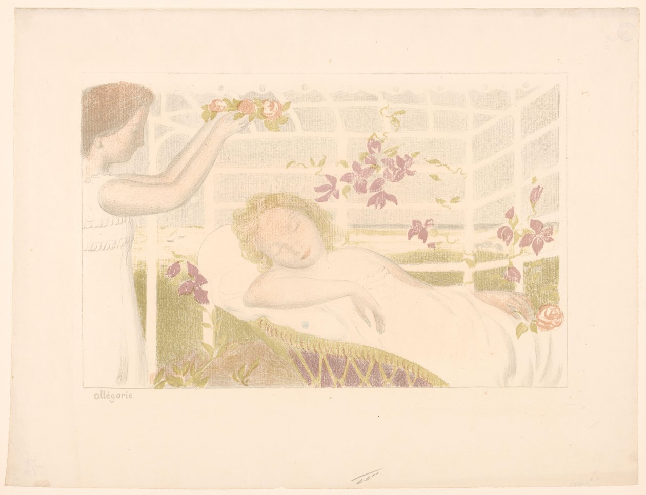 Sovande flicka får blomsterkrans Allegori (titel på objekt) Representationer av kärlek (serietitel) Amour (serietitel) av Maurice Denis