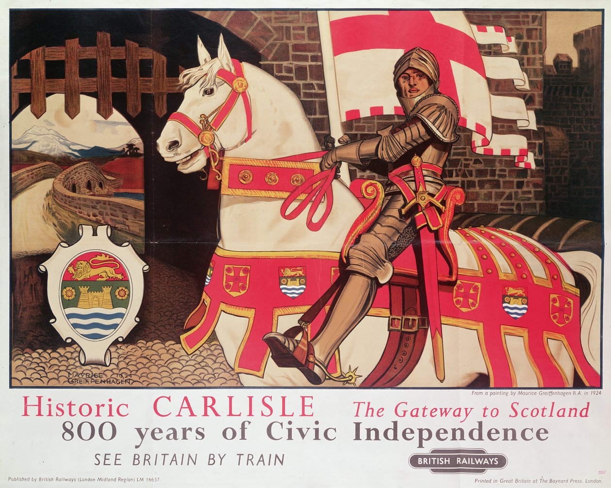 British Rail-affisch med reklam "Historic Carlisle, Gateway to Scotland", 1924 av Maurice Greiffenhagen