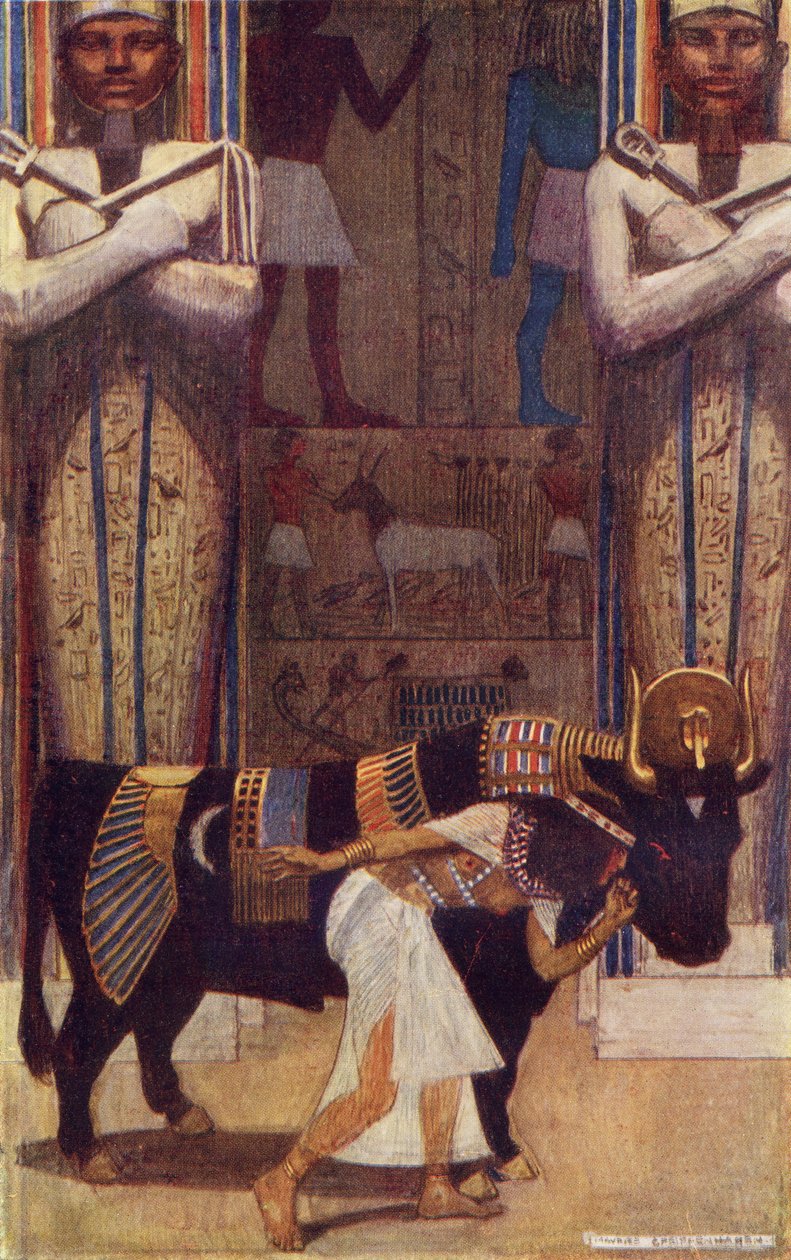 Flickan och Bata-tjuren från sagan om Bonden som blev kung, illustration från "Egyptian Myth and Legend" av Donald A. Mackenzie, publicerad 1907. av Maurice Greiffenhagen