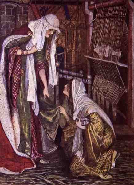 "Till frun av Ivanhoes överraskning knäböjde hennes vackra besökare på ett knä", illustration från "Ivanhoe för pojkar och flickor", återberättad av Alice Jackson, pub. 1924 (litho) av Maurice Greiffenhagen