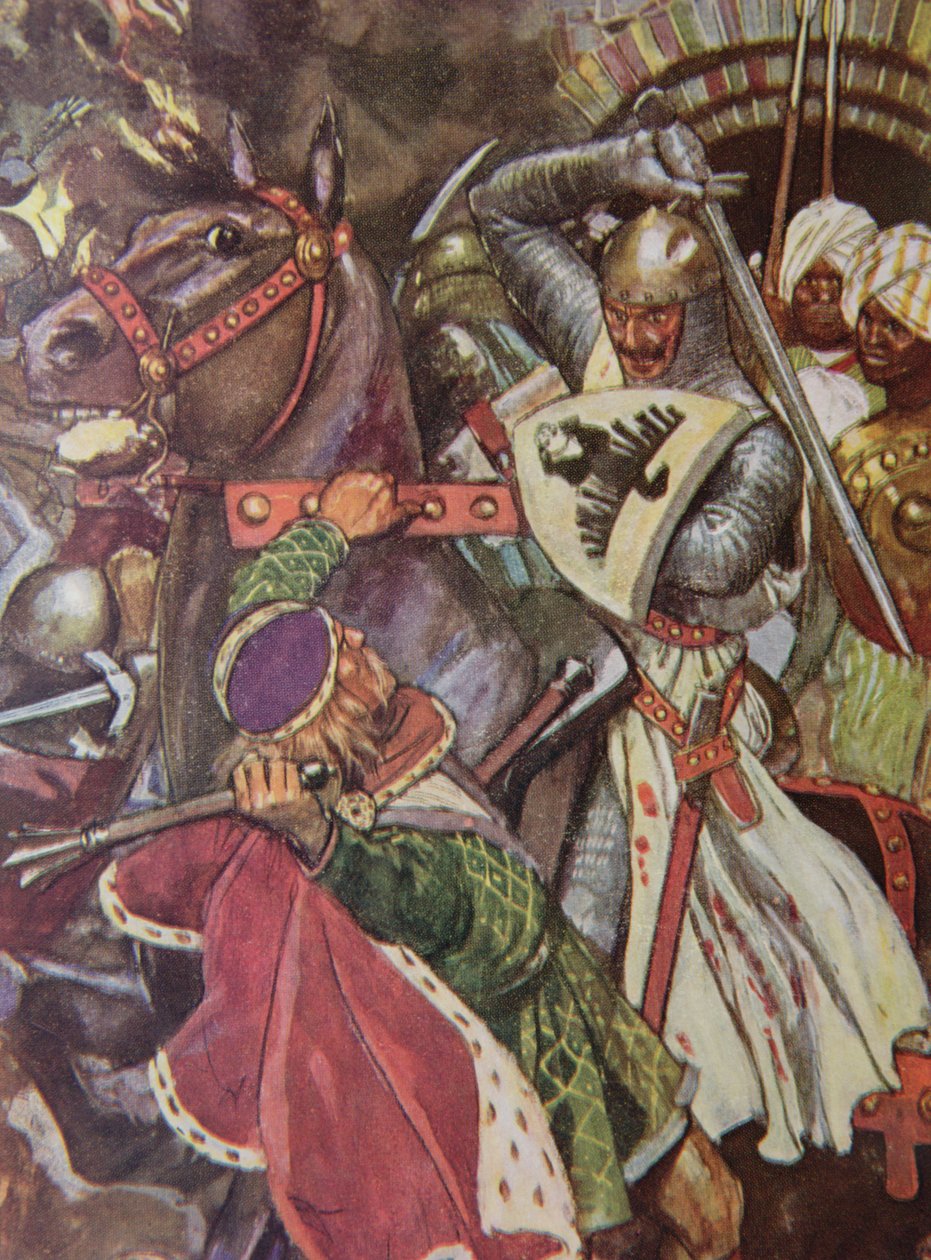 Vänd dig, Falsk Hearted Templar!. Låt gå henne som du är ovärdig att röra!., illustration från "Ivanhoe för pojkar och flickor", återberättad av Alice Jackson, pub. 1924 av Maurice Greiffenhagen