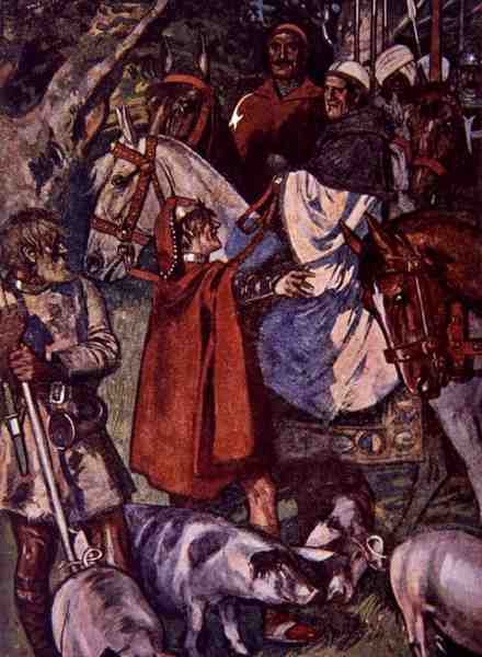 "Era vördnader måste hålla sig på denna väg tills ni kommer till ett sjunket kors", illustration från "Ivanhoe For Boys and Girls", återberättat av Alice Jackson, pub. 1924 (litografi) av Maurice Greiffenhagen