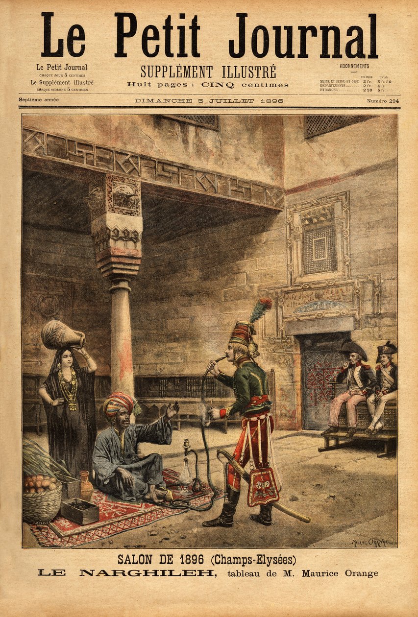 Under den franska kampanjen i Egypten förhör en soldat en urbefolkning om hans vattenpipa, narghileh (eller narghileh), baserat på en målning av Maurice Orange, presenterad på 1896 års salong. Gravyr i "" Le petit journal"" 1896-07-05. Selvas c av Maurice Henri (after) Orange