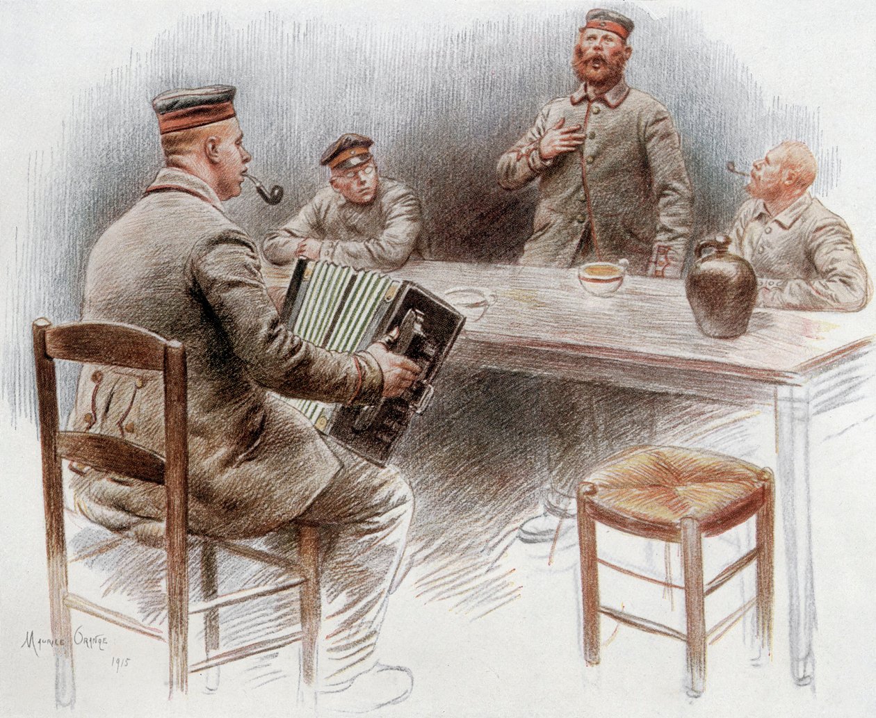 Fångar spelar dragspel och sjunger i fånglägret i Dinan av Maurice Henri Orange