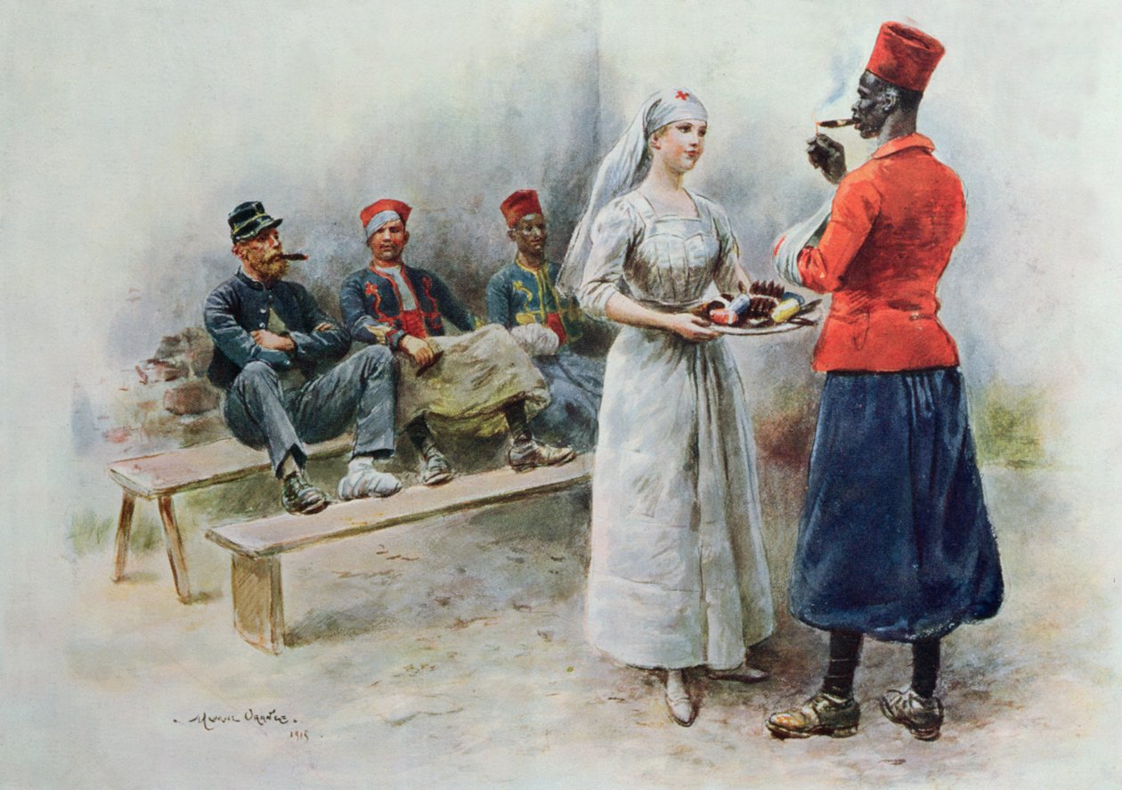 Favoritsjuksköterskan med zouaver och soldater under första världskriget, 1915 av Maurice Henri Orange