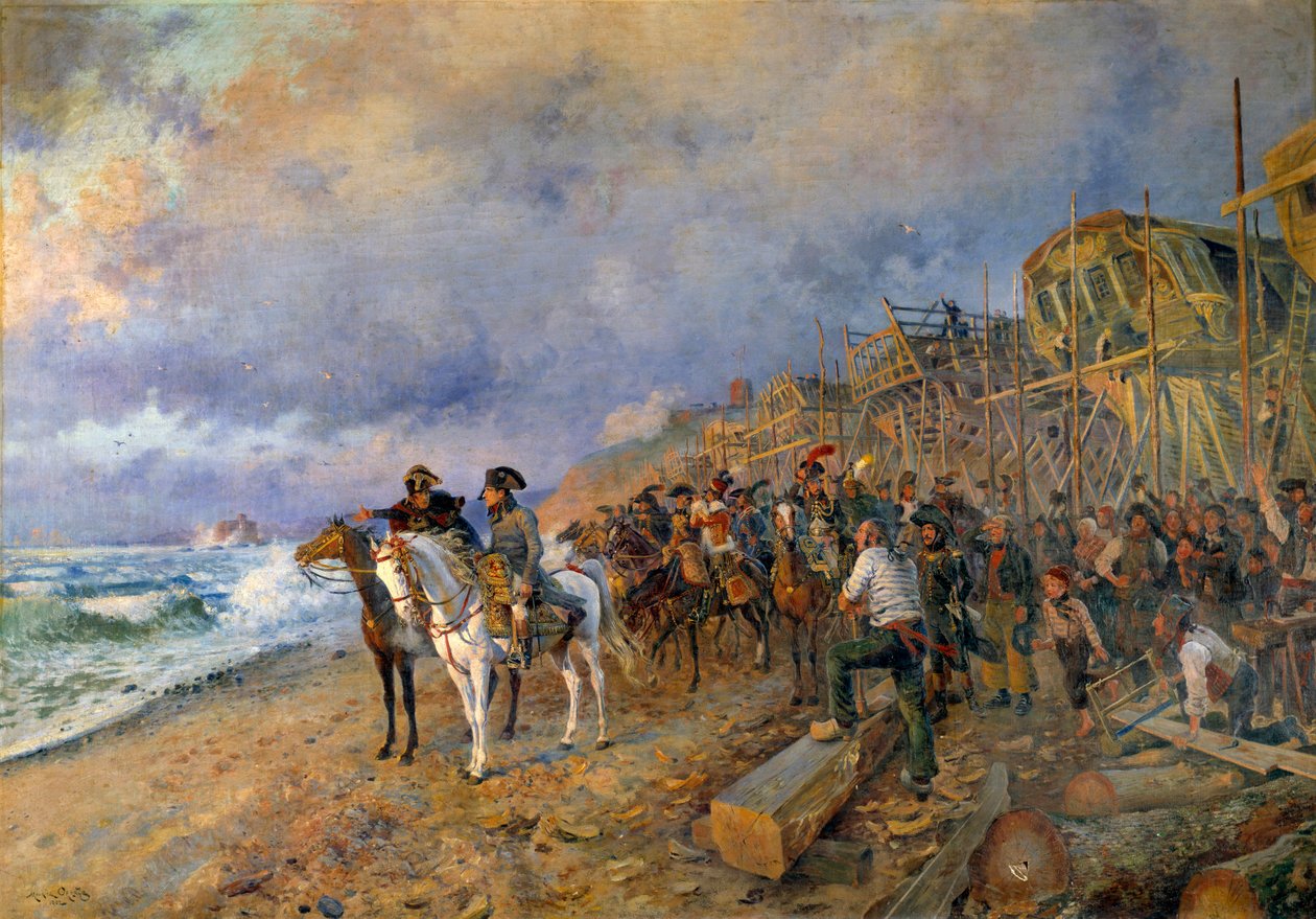 Förste konsuln Napoleon Bonaparte (1769-1821) besöker arsenalen av Boulognemålning av Maurice Orange (1868-1916) 1804 (sön: 214x304 cm) Paris, Musee de l