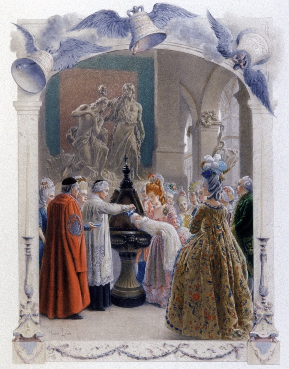 1700-talets adliga dopscen, ca 1900 (illustration) av Maurice Leloir