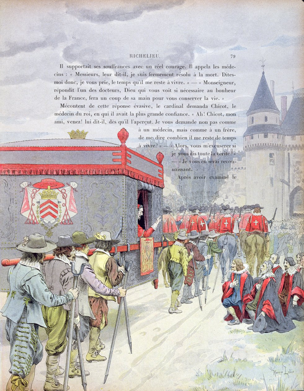 Armand-Jean du Plessis, kardinal Richelieu (1585-1642) reser i en kull när en gammal man, illustration från Richelieus liv av Theodore Camu, 1910 av Maurice Leloir