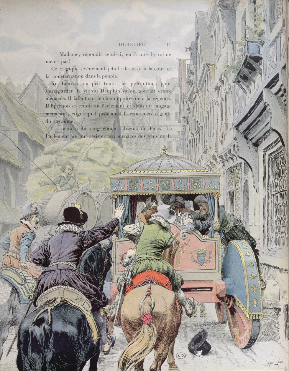 Mordet på Henri IV av Francois Ravaillac i rue de la Ferronerie den 14 maj 1610, ca 1900 av Maurice Leloir