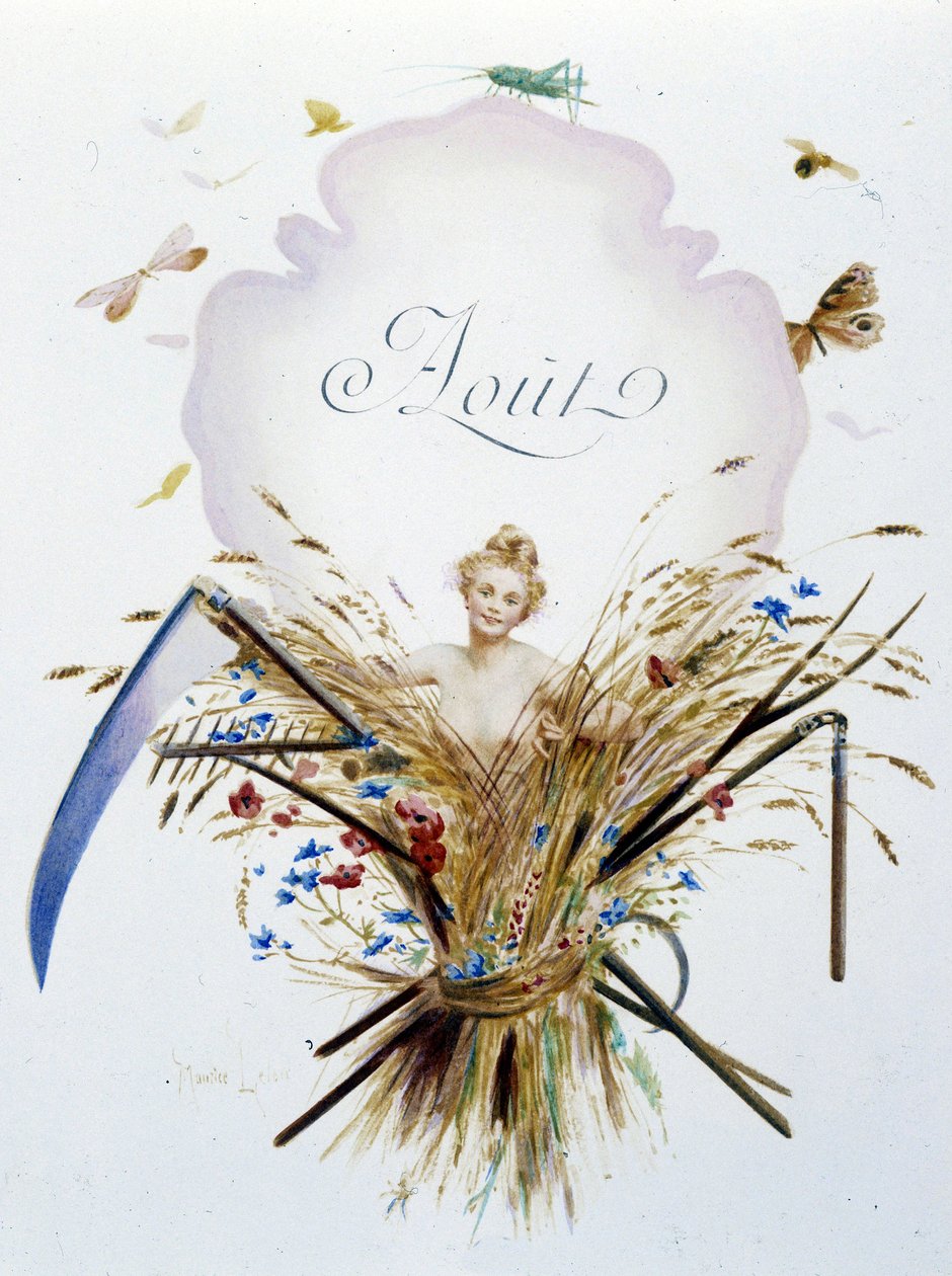 Augusti ""Månadens sång"" av Jérôme Doucet, illustration - Maurice Leloir, red. Reims 1904. L. Michaud av Maurice Leloir