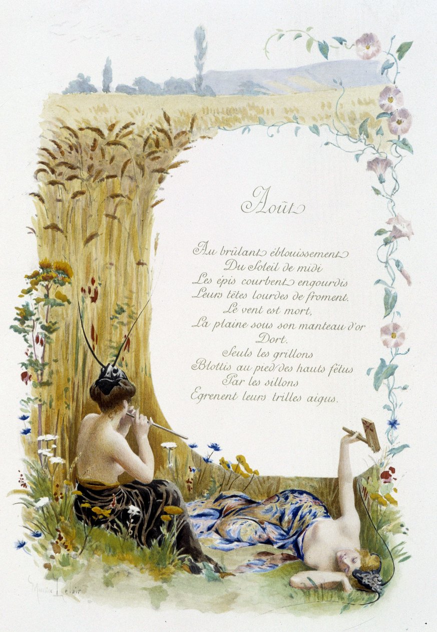 Augusti ""Månadens sång"" av Jérôme Doucet, illustration - Maurice Leloir, red. Reims 1904. L. Michaud av Maurice Leloir