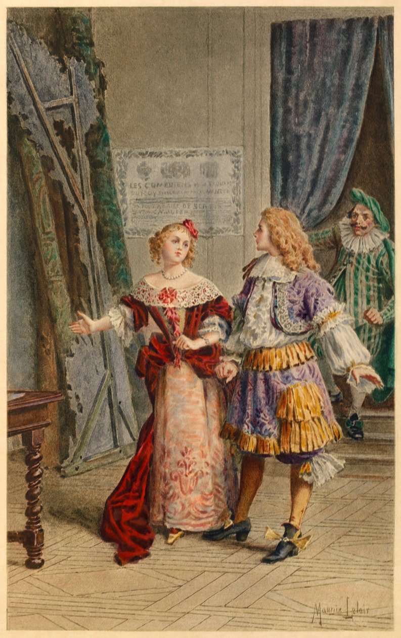 Bakom scenen på Scapin, Armande, Baron och Moliere (illustration) av Maurice Leloir