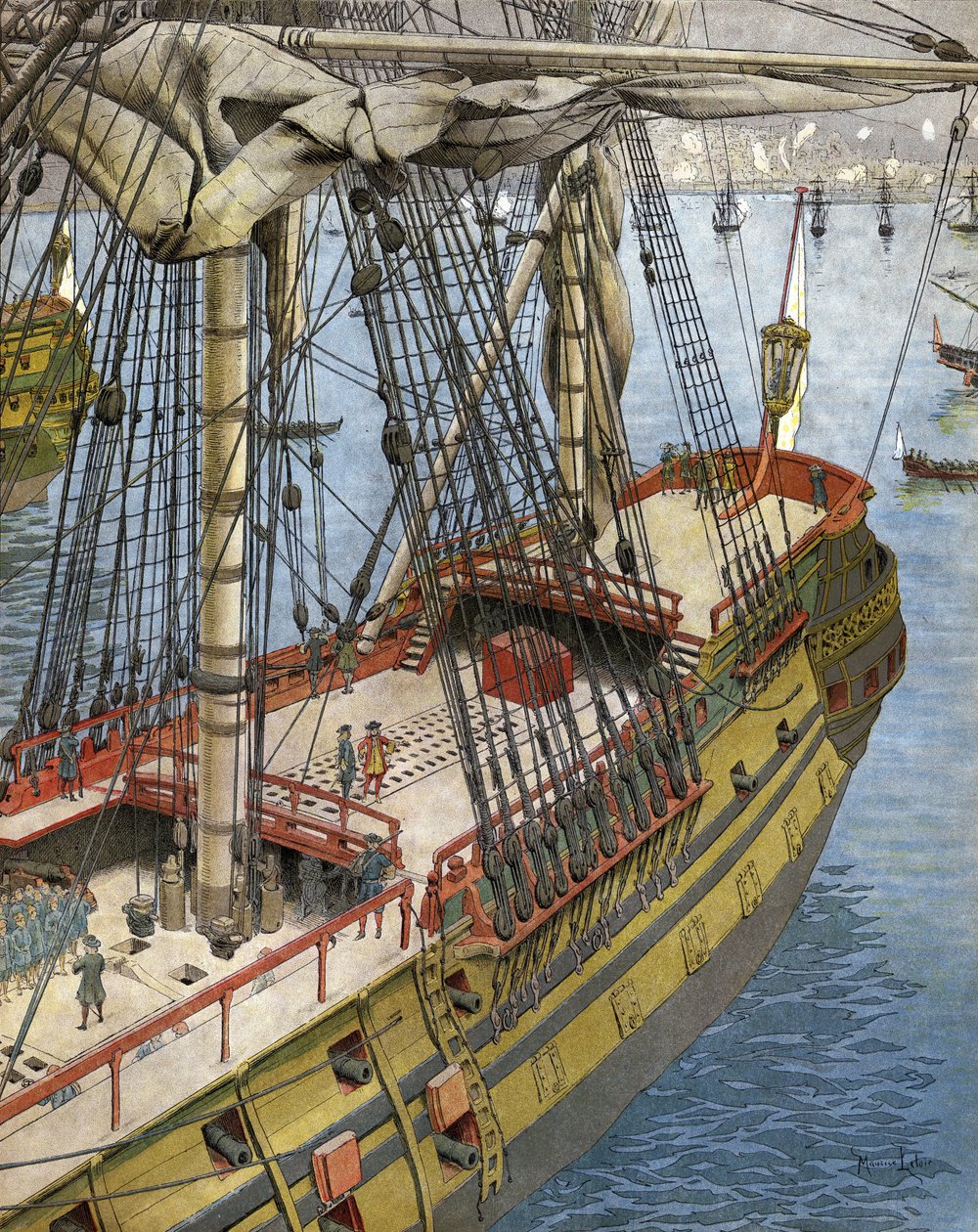 Bombardement och eld av staden Alger 1682: Abraham Marquis Duquesne (mellan 1604 och 1610-88), en officer från den franska flottan, ser från sitt skepp effekten som orsakas av bomberna galioter. Kromotypografi i "" Le Roy Soleil"" (Louis XIV) av Gu av Maurice Leloir