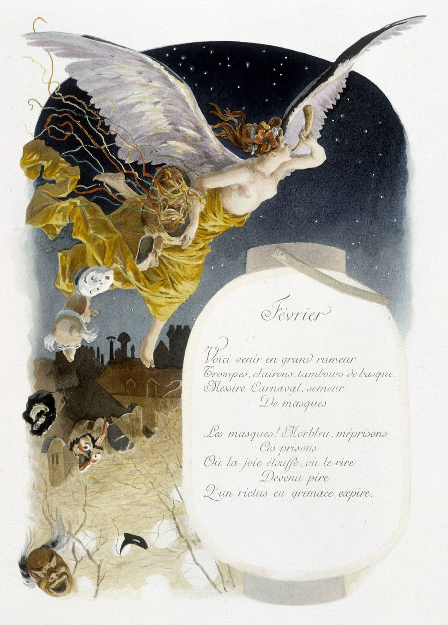Februari "" Månadens sång"" av Jérôme Doucet, illustration - Maurice Leloir, red. Reims 1904. L. Michaud av Maurice Leloir
